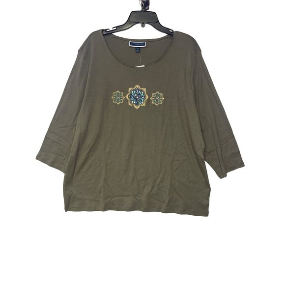 Karen Scott womens 3X Cotton Sequined Graphic Top Embellished Green Scoop Neck N - Picture 1 of 11